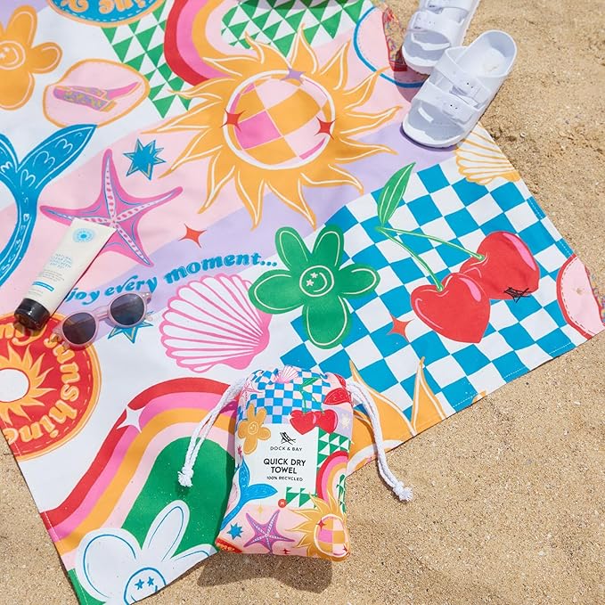 Dock & Bay Kid's Towel - Quick Dry, Sand Free - Compact, Lightweight - 100% Recycled - Includes Bag - Good Vibes Club - Large (160x90cm, 63x35)