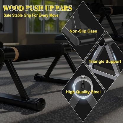 Wood Parallettes Push Up Bars, Solid Wooden Handstand Bars with Anti-Slip Grip, Sturdy Metal Bracket Supports 600 lbs for Calisthenics, Fitness and Floor workout