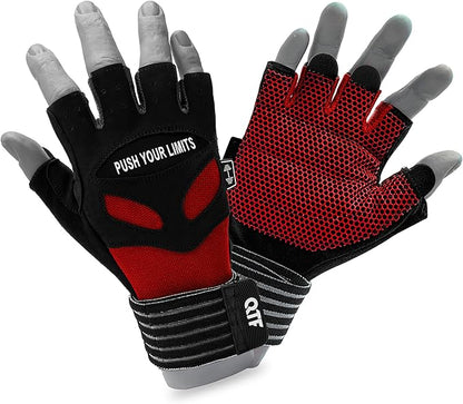QTF Weight Lifting Gym Workout Gloves with Long Wrist Strap, Fingerless Gym Gloves for Men & Women, Full Palm Protection, for Weightlifting, Training, Fitness, Hanging