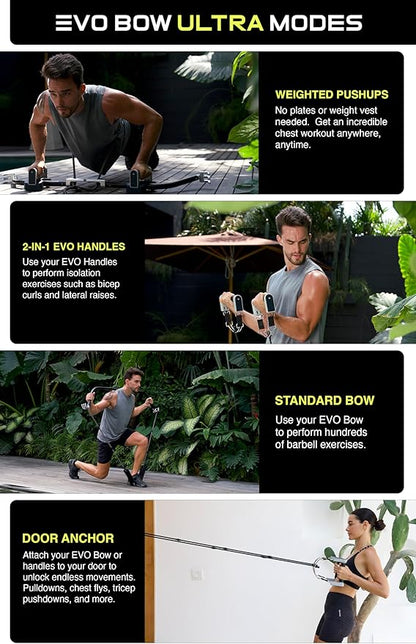 EVO Bow - All in One Portable Home Gym System with Weighted Pushups | Compact Strength Training and Exercise Equipment for Travel with Notched Resistance Bands for Full Body Training | 300lbs (Ultra)