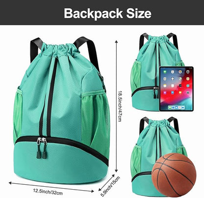Hoedia Sports Drawstring Backpack - String Swim Gym Bag with Shoes Compartment and Wet Proof Pocket for Women/Men (Mint Green)