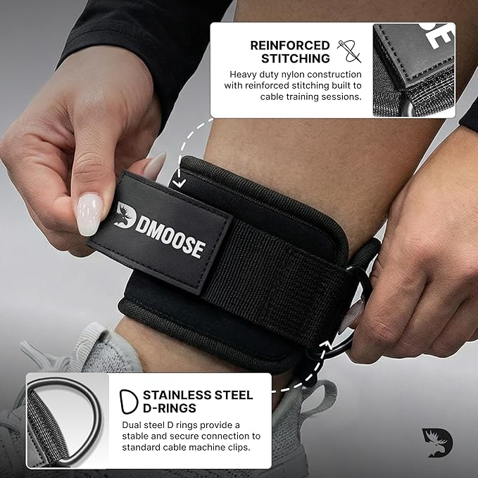 DMoose Fitness Ankle Strap for Cable Machine - One Size Fit with Premium Padding Cuffs, Ankle Bands for Working Out, Booty Workouts, Leg Extension, Hip Abductors, Kickbacks & Lower Body Exercises