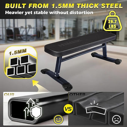 Flat Weight Bench, 2.4 Inch Thick Pad Workout Bench 660 LBS Bench Press Exercise Equipment for Home Gym Strength Weight Training