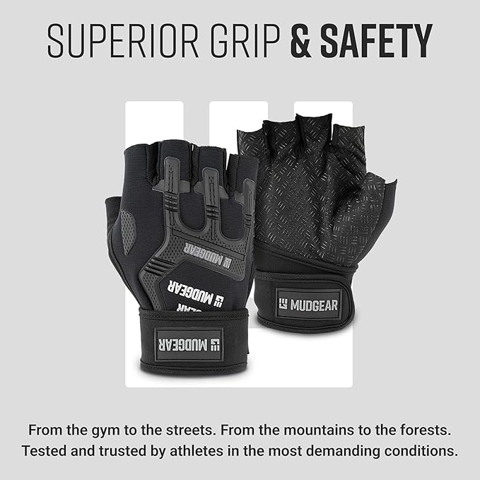 MudGear Gloves - Durable Fingerless Workout Gloves with Wrist Support for Obstacle Races and Fitness Training, Improves Grip, Protects Hands, Boosts Performance