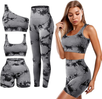 4 Pcs Women's Workout Sets Pilates Exercise Outfit Ribbed Scoop Neck Sports Bra Shorts Leggings Gym Clothes Set