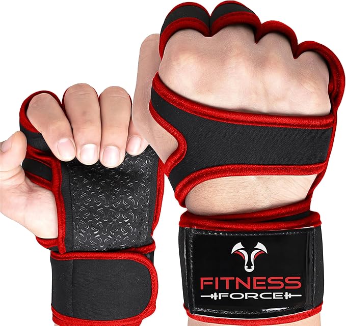 FITNESS FORCE Ventilated Weightlifting Gloves Workout Gloves for Men & Women with Built-in Wrist Wraps Fingerless Gym Gloves for Men Perfect for Exercise Fitness, Weight Lifting, Cross Training