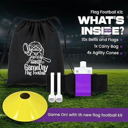 Gameday Flag Football Set – Kits for 2–14 Players w/Belts, Agility Cones & Carry Bag – Available in Multi Colors & Sizes