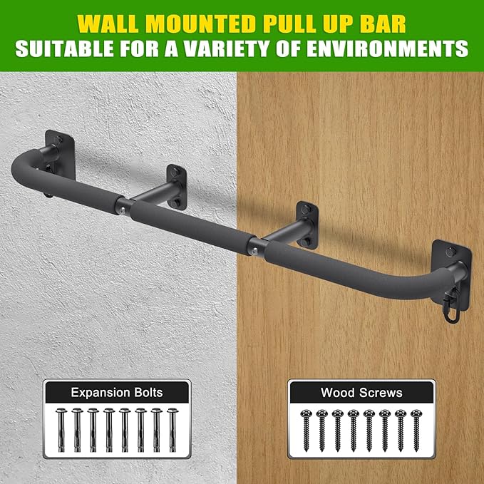 SELEWARE Heavy Duty Wall Mount Pull Up Bar, Joist Mount Chin Up Bar for Doorway, Sturdy Steel Construction, w/Resistance Band Hooks, Fits 32"/36" Wall Studs for Home Gym Strength Training