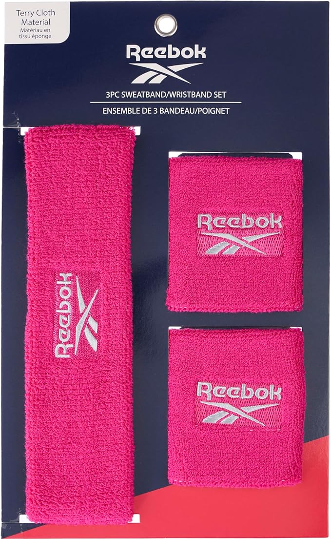 3pc Unisex Athletic Sweatband Set - 2.25in Workout Headband & 3.25in Wristbands w/Stay Dry Technology, Terry Cloth Band Moisture-Wicking Fabric | Quality Fitness Accessories for Active Comfort-Reebok