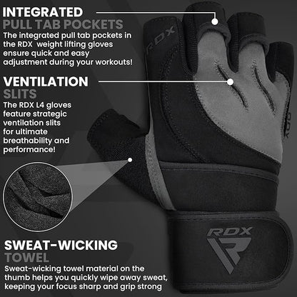 RDX Weight Lifting Workout Gloves with Wrist Support, 50 CM Long Wrist Straps, Anti Slip Padded Palm, Breathable Gym Grip for Fitness Training Powerlifting, Men Women Bodybuilding Exercise