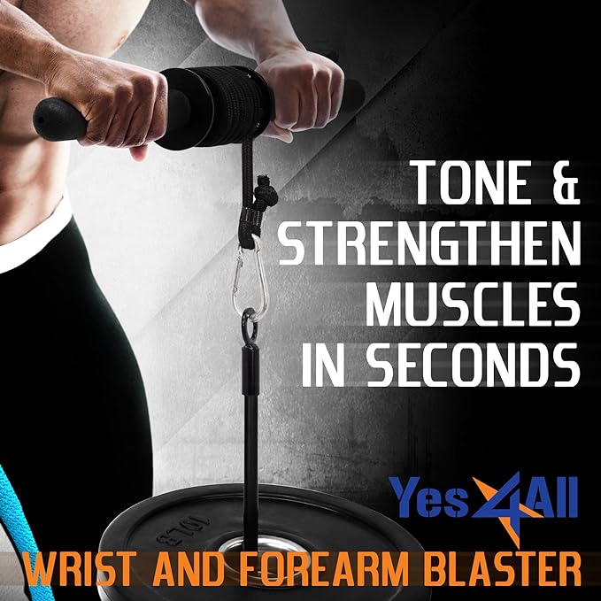 Yes4All Wrist and Forearm Blaster, Build Massive Grip Strength & Muscles with Steel Wrist Roller & Forearm Roller, Heavy Duty Arm Blaster Fits 1" & 2" Weight Plates, Improve Lifting Power