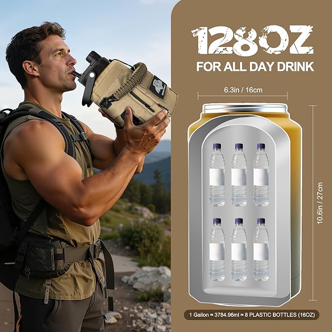 NATURE PIONEOR 1 Gallon Tactical Water Bottle Set, Stainless Steel 128 oz Sport Water Bottle with Tactical MOLLE Bottle Carrier Sleeve, for Outdoor Work, Gym, Hiking, Camping