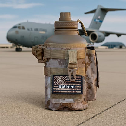 Iron Infidel Battle Bottle - Half Gallon Water Bottle Insulated, 64 oz Tactical Stainless Steel Water Jug with Handle - Gym Water Bottle with Rugged Sleeve for Storage (MARPAT 2 Liter)
