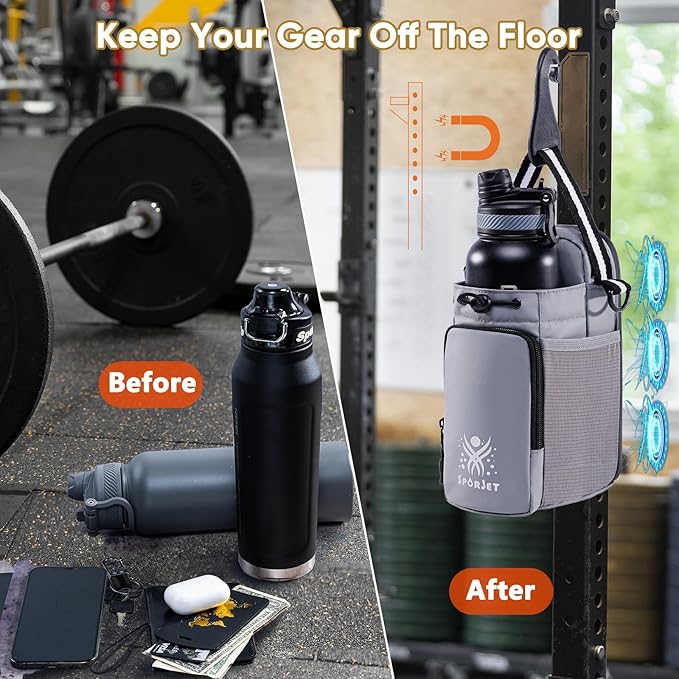 Magnetic Gym Bag for Water Bottle – Fits Up to 46oz, Sling Water Bottle Holder with Strap & Phone Pocket, Magnetic Workout Bag for Gym, Fitness, Outdoor, Men & Women