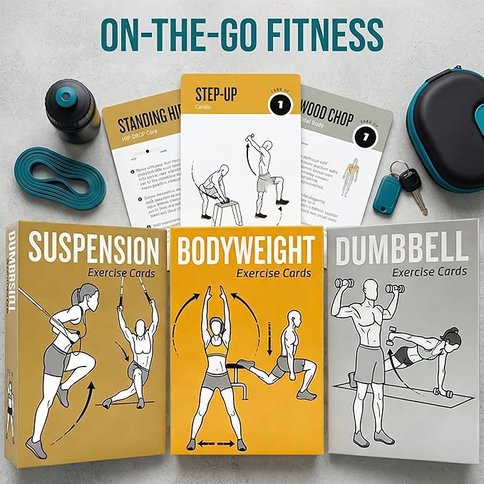 Bodyweight & Dumbbell & Suspension1 Workout Cards - 150 Large 5"x3.5" Exercise Cards with 36 Strength Moves, Home & Gym Fitness Cards for Men & Women, Beginner Fitness Guide