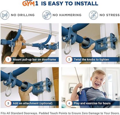 Gym1 Indoor Doorway Gym Set - Sensory Swing & Grip Rings - Adjustable Door Frame Pull-Up Bar for Kids & Adults - Door Frame Jungle Gym with Agility Ladder - 4-Piece, Blue