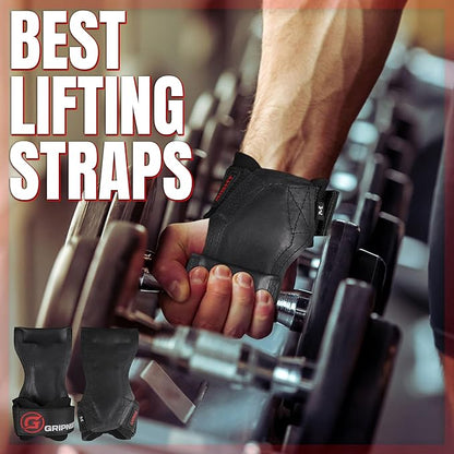 Premium Weight Lifting Grips & Straps for Deadlifts & Powerlifting – Anti-Slip Leather and Rubber Grip with Padded Wrist Wrap Support –