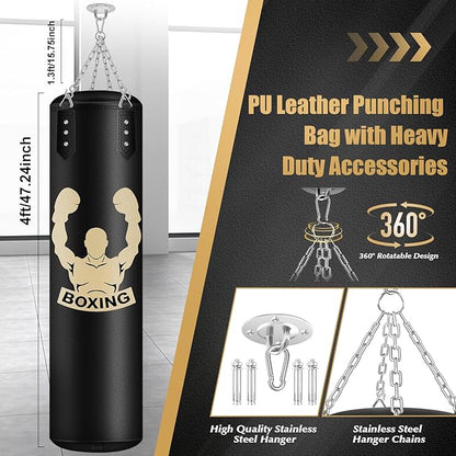 4FT Hanging Punching Bag for Adults, Super PU Leather Boxing Training Equipment Heavy Bag with 12OZ MMA Gloves, Unfilled Kicking Bag Boxing Set for Training Karate Kickboxing Muay Thai