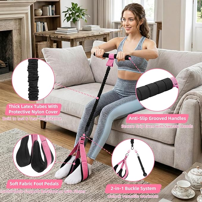 Pedal Resistance Band with Handles and Door Anchor, Detachable Foot Pedal Resistance Band with Stainless Steel Buckles, Multifunction Tension Rope Tummy Trimmer for Full Body Workout Home Gym Women