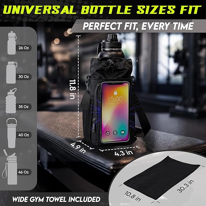 Magnetic Gym Bag & Magnetic Water Bottle Holder Set - 40oz Insulated Stainless Steel Bottle, Microfiber Towel, Cross Body Strap & Phone Holder Magnet - Gym Bag Essentials for Fitness, Work & Travel