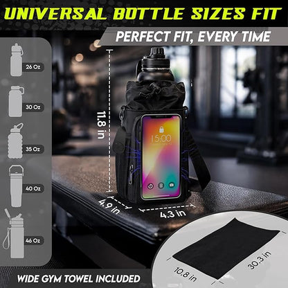 Magnetic Gym Bag & Magnetic Water Bottle Holder Set - 40oz Insulated Stainless Steel Bottle, Microfiber Towel, Cross Body Strap & Phone Holder Magnet - Gym Bag Essentials for Fitness, Work & Travel