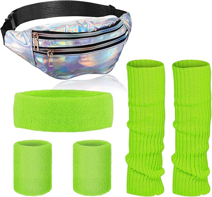 SATINIOR 80s Women Workout Outfit Neon Leg Warmer Headband Wristbands Fanny Pack Set 80s Accessories for Yoga Running