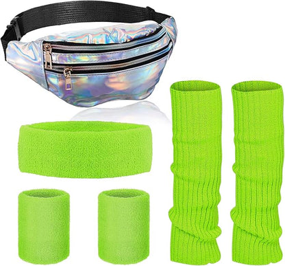 SATINIOR 80s Women Workout Outfit Neon Leg Warmer Headband Wristbands Fanny Pack Set 80s Accessories for Yoga Running
