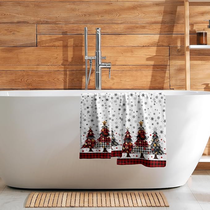 Merry Christma Hand Towels Set of 2 Xmas Trees Snowflake Decorative Towel Winter Red Buffalo Plaid Thin Bath Kitchen Tea Dish Holiday Washcloths for Bathroom Spa Gym