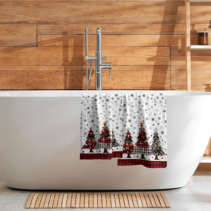 Merry Christma Hand Towels Set of 2 Xmas Trees Snowflake Decorative Towel Winter Red Buffalo Plaid Thin Bath Kitchen Tea Dish Holiday Washcloths for Bathroom Spa Gym