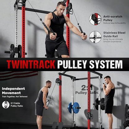 DP01 Power Cage, 2000LBS Squat Rack with with Cable Crossover and Dual Independent Pulley System, Full Cage for Full Body Training, Power Rack with More Training Attachments for Home Gym