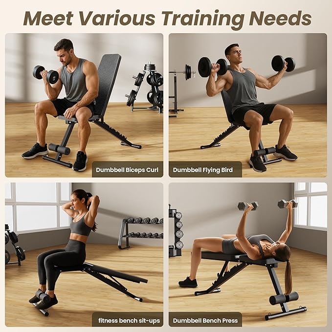 Adjustable Weight Bench for Home Gym, 7 Backrests Foldable Workout Bench for Dumbbell Exercise Full Body Exercise, Compact for Small Spaces, Incline Decline Flat Bench with 2-Second Quick Folding