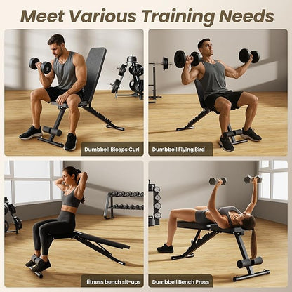 Adjustable Weight Bench for Home Gym, 7 Backrests Foldable Workout Bench for Dumbbell Exercise Full Body Exercise, Compact for Small Spaces, Incline Decline Flat Bench with 2-Second Quick Folding