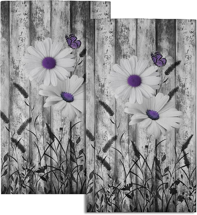 Black White Hand Towels Rustic Purple Daisy Butterfly Farmhouse Absorbent Kitchen Towels Set of 2 Spring Vintage Floral Soft Quick Dry Microfiber Dish Towels For Kitchen Bathroom Gym Face Towel