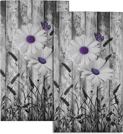 Black White Hand Towels Rustic Purple Daisy Butterfly Farmhouse Absorbent Kitchen Towels Set of 2 Spring Vintage Floral Soft Quick Dry Microfiber Dish Towels For Kitchen Bathroom Gym Face Towel
