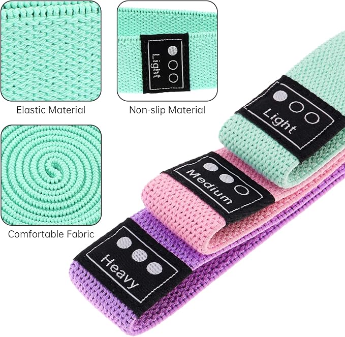 Fabric Resistance Bands - 3-Pack Set, Long Cloth Exercise Bands for Home Workout Strength Training, Yoga & Pilates | with Storage Bag