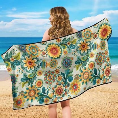 Bulopur Boho Floral Beach Towel Car Seat Bucket Terry Cloth Seat Covers Blanket Absorbent Soft Fabric Blue Sweatproof Beach Yoga Towels Car Decor Accessories