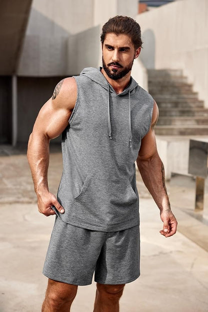 COOFANDY Mens Sleeveless Workout Hoodie Shorts Set 2 Piece Outfits Hooded Tank Tops Gym Tracksuit Sweatsuits