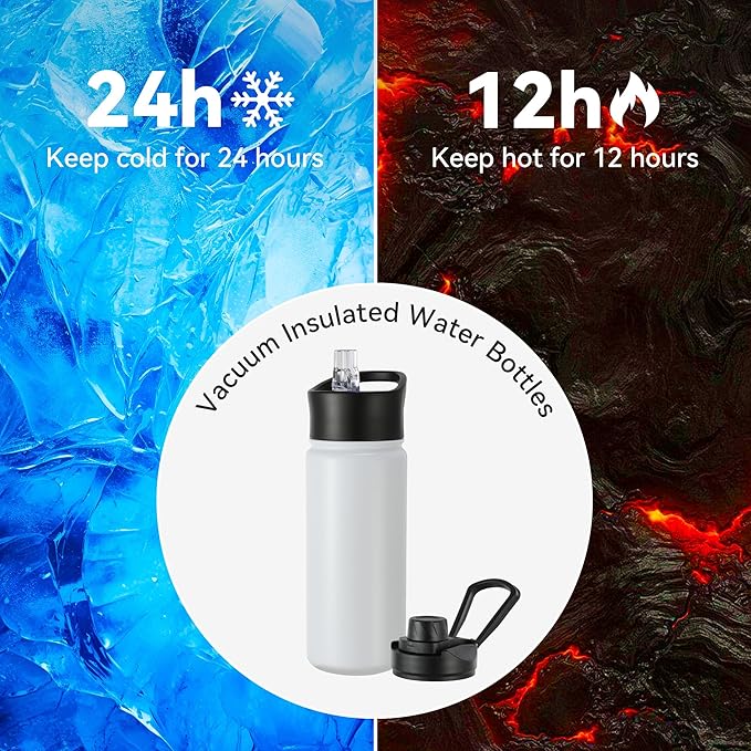 16 oz Insulated Water Bottle with Straw Lids, Stainless Steel Kids Water Bottles for School, Double Wall Vacuum Metal Water Bottle with Straw & Wide Mouth Lid, Polar 8 Pack