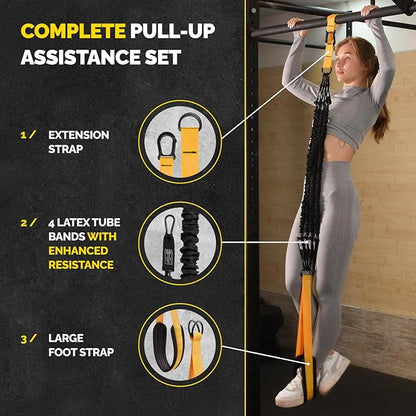Pull Up Assistance Bands - 4 Heavy Duty Pull Up Bands with Adjustable Strap and Foot Rest - Stackable Pull Up Assist Band Set for Pull Up Bar - Resistance Bands for Pull Ups Chin Ups Strength Training