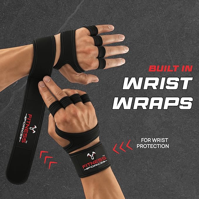 FITNESS FORCE Ventilated Weightlifting Gloves Workout Gloves for Men & Women with Built-in Wrist Wraps Fingerless Gym Gloves for Men Perfect for Exercise Fitness, Weight Lifting, Cross Training