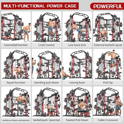 Multi-Purpose Squat Rack,Smith Machine Weight Rack Set with Cable Crossover System, Home Gym Power Racks, Power Racks and Packages