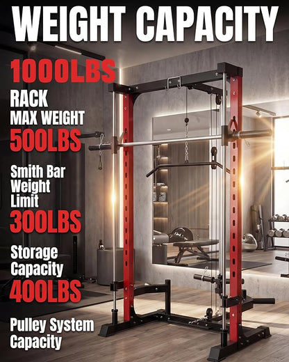 Smith Machine with Bench, Heavy Duty Power Cage Squat Rack with Smith Bar, LAT Pulldown System, Chest Station & More Training Attachment, Home Gym Equipment for Strengthen Training