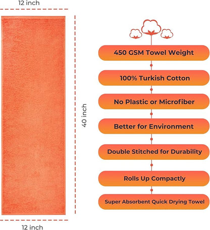 NUKURA 12’’x 40’’ Ultra Soft Workout Towel 1 Piece, High Absorbent 100% Cotton Towels, 450 GSM, Bulk Orders, Orange Color, Running, Sweat, Yoga, Neck Wrap, Workout Towels