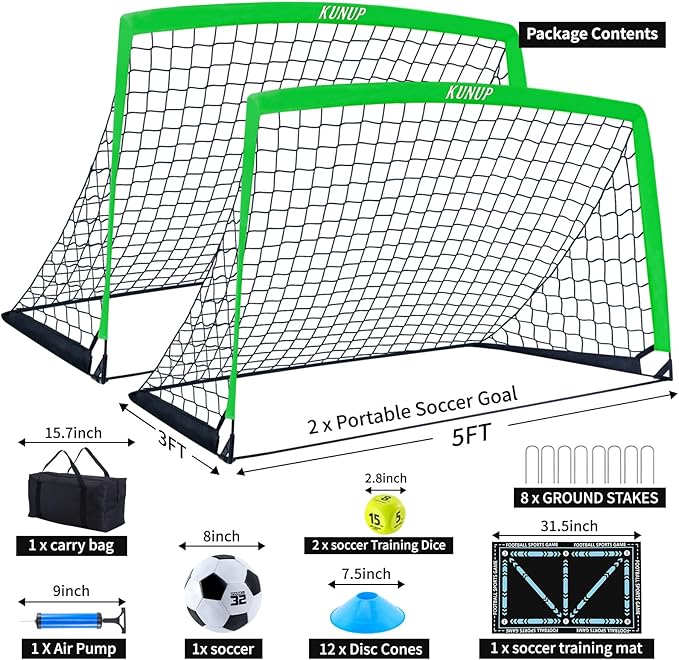 2 Set Kids Soccer Goals for Backyard with Training Equipment, Portable Foldable Practice Nets with Ball, Dice & Mat, Cones, Air Pump and Carry Bag for Toddler Youth Outdoor Sports Game