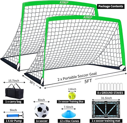 2 Set Kids Soccer Goals for Backyard with Training Equipment, Portable Foldable Practice Nets with Ball, Dice & Mat, Cones, Air Pump and Carry Bag for Toddler Youth Outdoor Sports Game