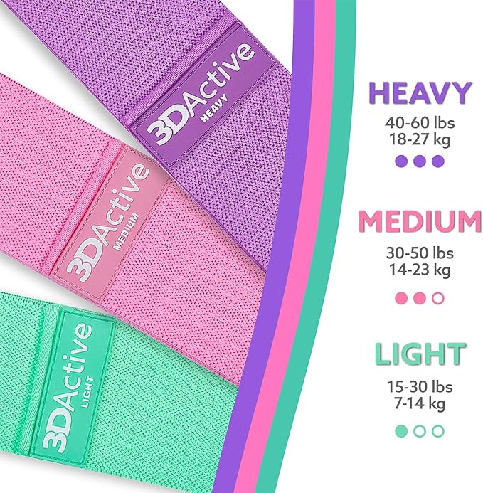 3DActive Fabric Resistance Bands for Legs & Butt. Wide Non-Slip Hip Band Set for Home & Gym Workouts. Exercise Guide & Carry Bag Included.