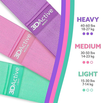 3DActive Fabric Resistance Bands for Legs & Butt. Wide Non-Slip Hip Band Set for Home & Gym Workouts. Exercise Guide & Carry Bag Included.