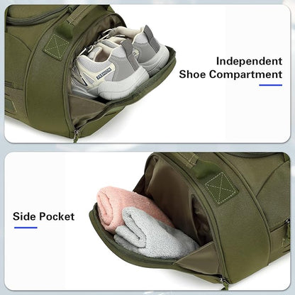 Gym Bag for Men Women 45L Sports Duffle Bag for Travel Tactical Military Duffel Bag with Shoe & Laptop Compartment Lightweight Medium Weekender Travel Bags for Fitness Training Workout, Green