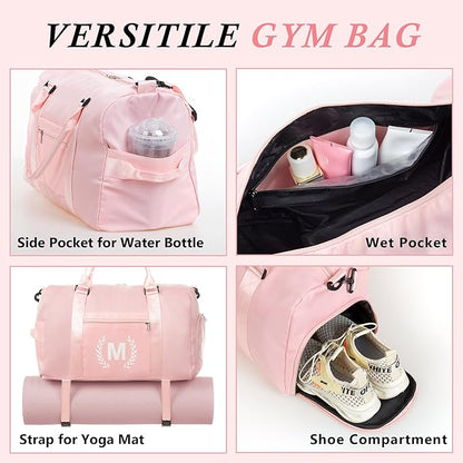 Gym Bag for Women, Personalized Duffle Bag with Shoe Compartment, Sports Bag for Yoga & Dance with Wet Pocket and Mat Strap.