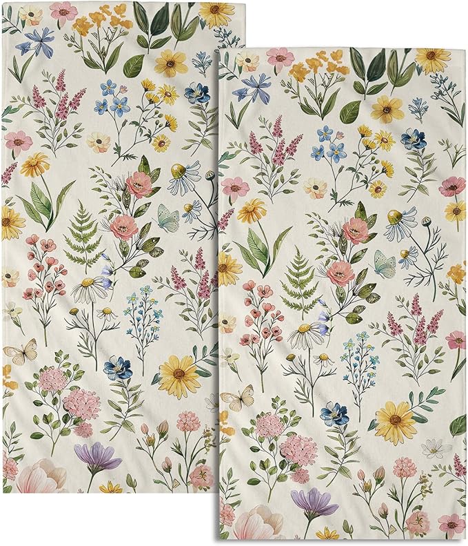 Watercolor Wildflowers Spring Kitchen Towels 14"x28" Set of 2 Rustic Floral Hand Bath Towel Vintage Flowers Seasonal Soft Absorbent Fingertip Towel for Bathroom Shower Hotel Gym